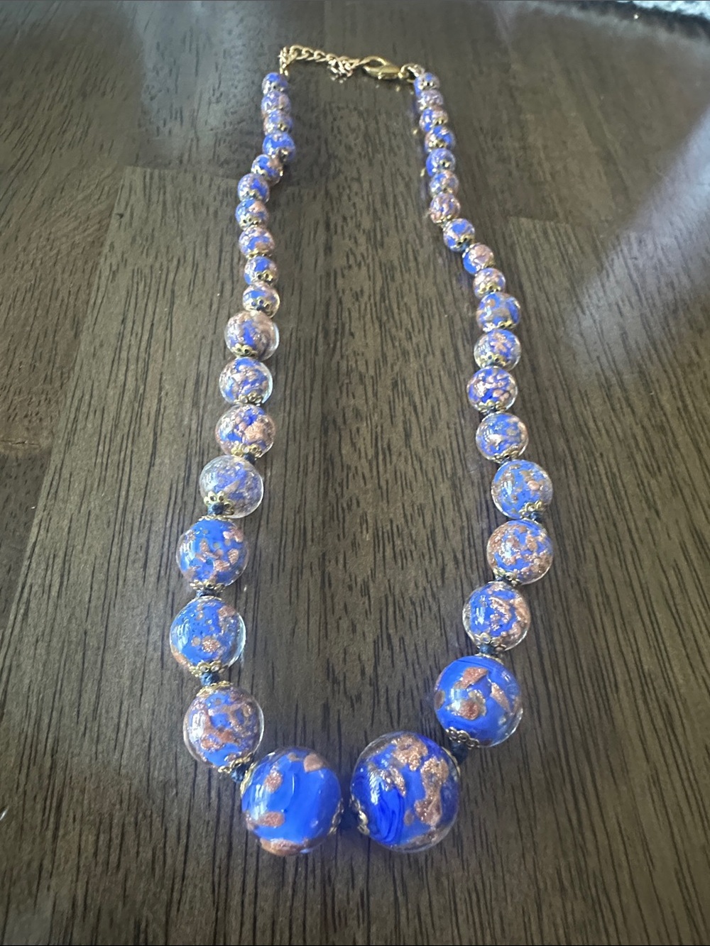 Stunning Stamped Murano Blue and Gold Foil Glass Bead Necklace